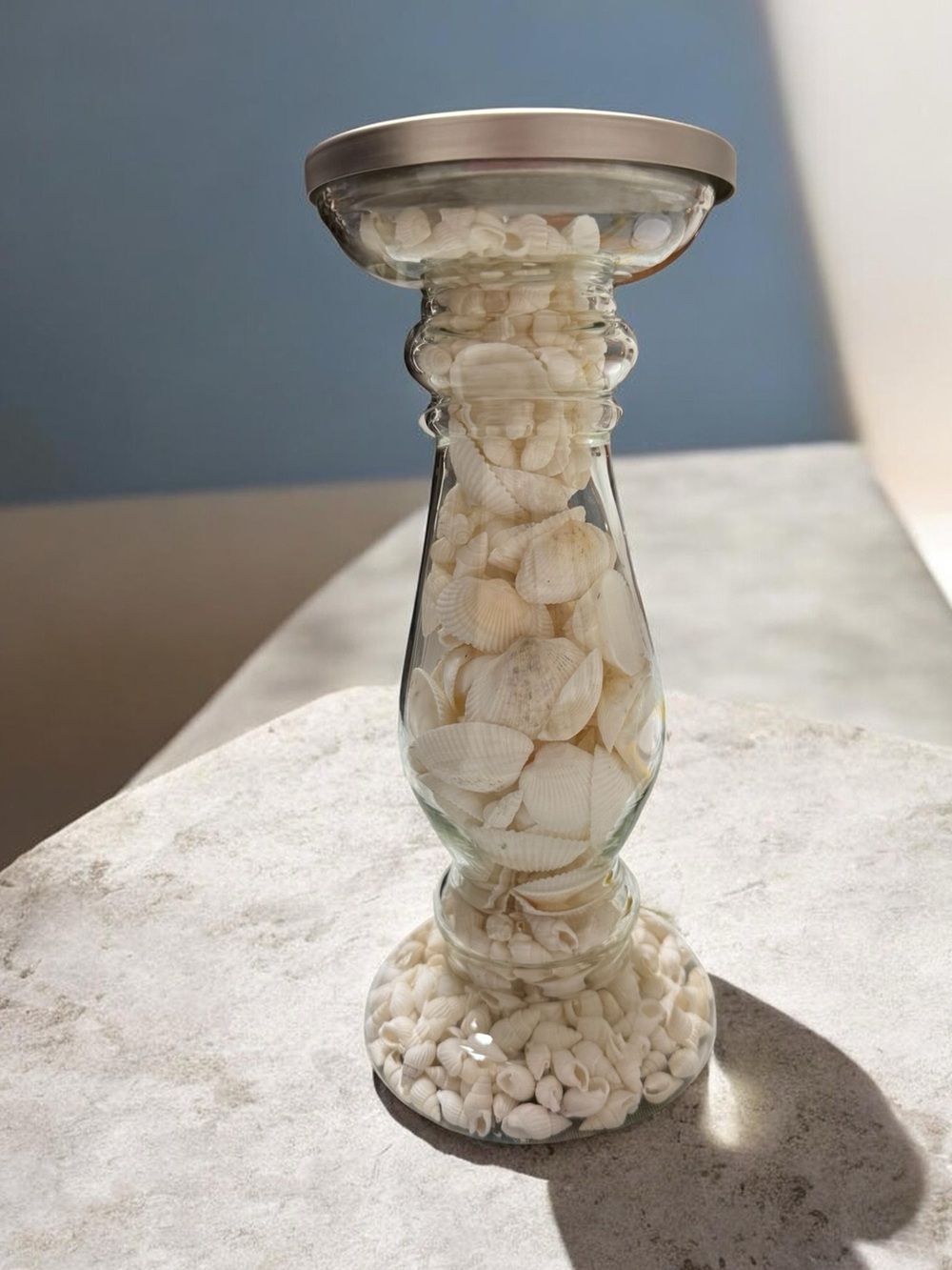 Pillar Candle Holder with White Seashells Surf Sanctuary New with Tags 9” tall
